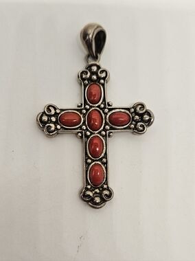 GSJ CN 925 Cross Pendant Coral Stones Sterling Silver Navajo Style